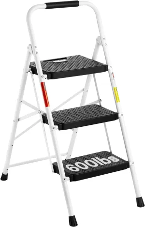 BONTEC 3-Step Ladder, Folding Step Stool, 600lbs Max Load Capacity, Sturdy Steel, Non-Slip Pedals, Lightweight, Portable Steel Ladder with Convenient Handrail, Safety Design for Home & Work, White