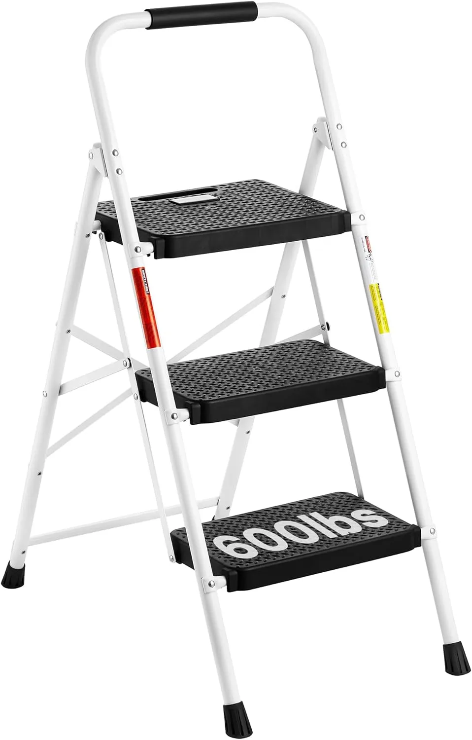 BONTEC 3-Step Ladder, Folding Step Stool, 600lbs Max Load Capacity, Sturdy Steel, Non-Slip Pedals, Lightweight, Portable Steel Ladder with Convenient Handrail, Safety Design for Home & Work, White