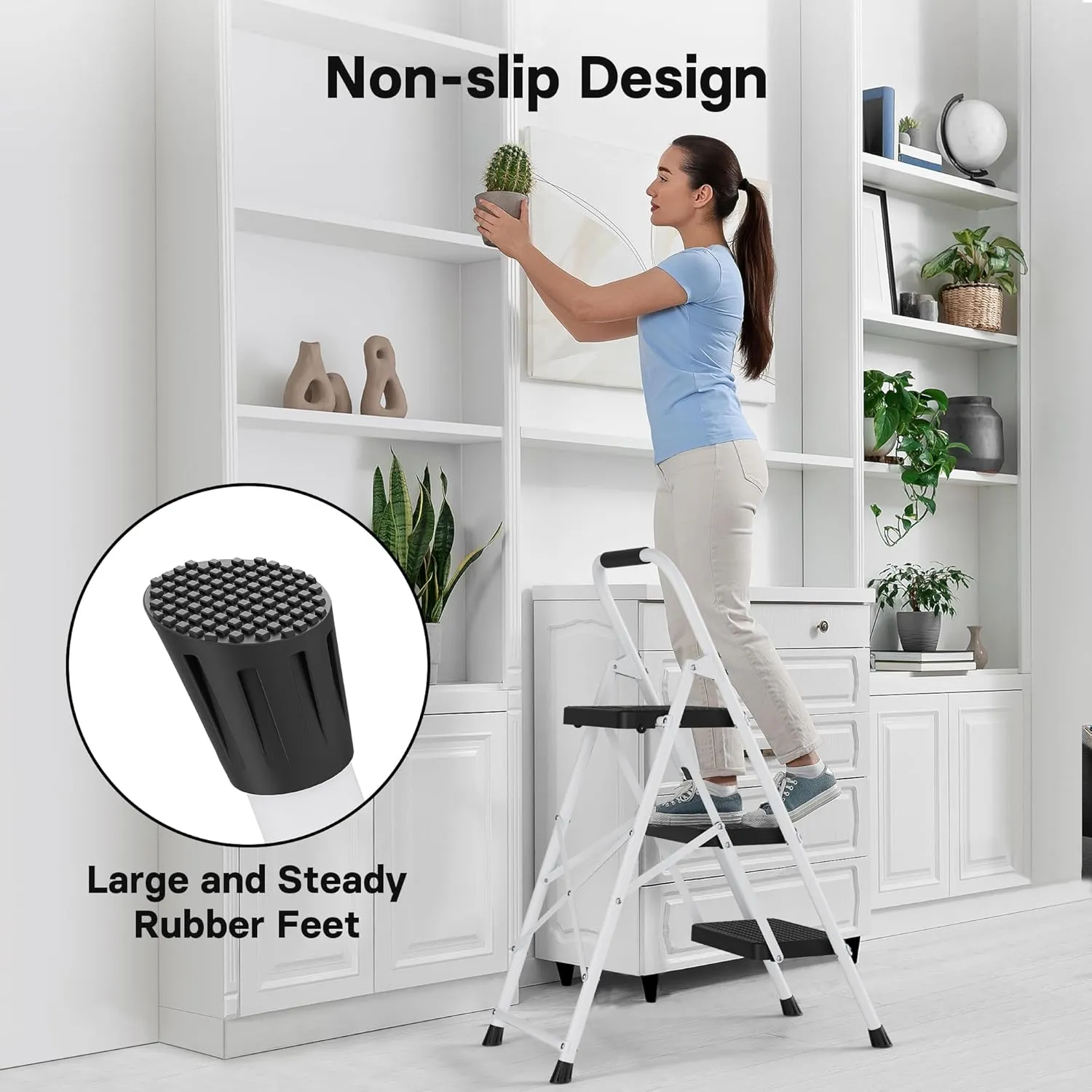 BONTEC 3-Step Ladder, Folding Step Stool, 600lbs Max Load Capacity, Sturdy Steel, Non-Slip Pedals, Lightweight, Portable Steel Ladder with Convenient Handrail, Safety Design for Home & Work, White