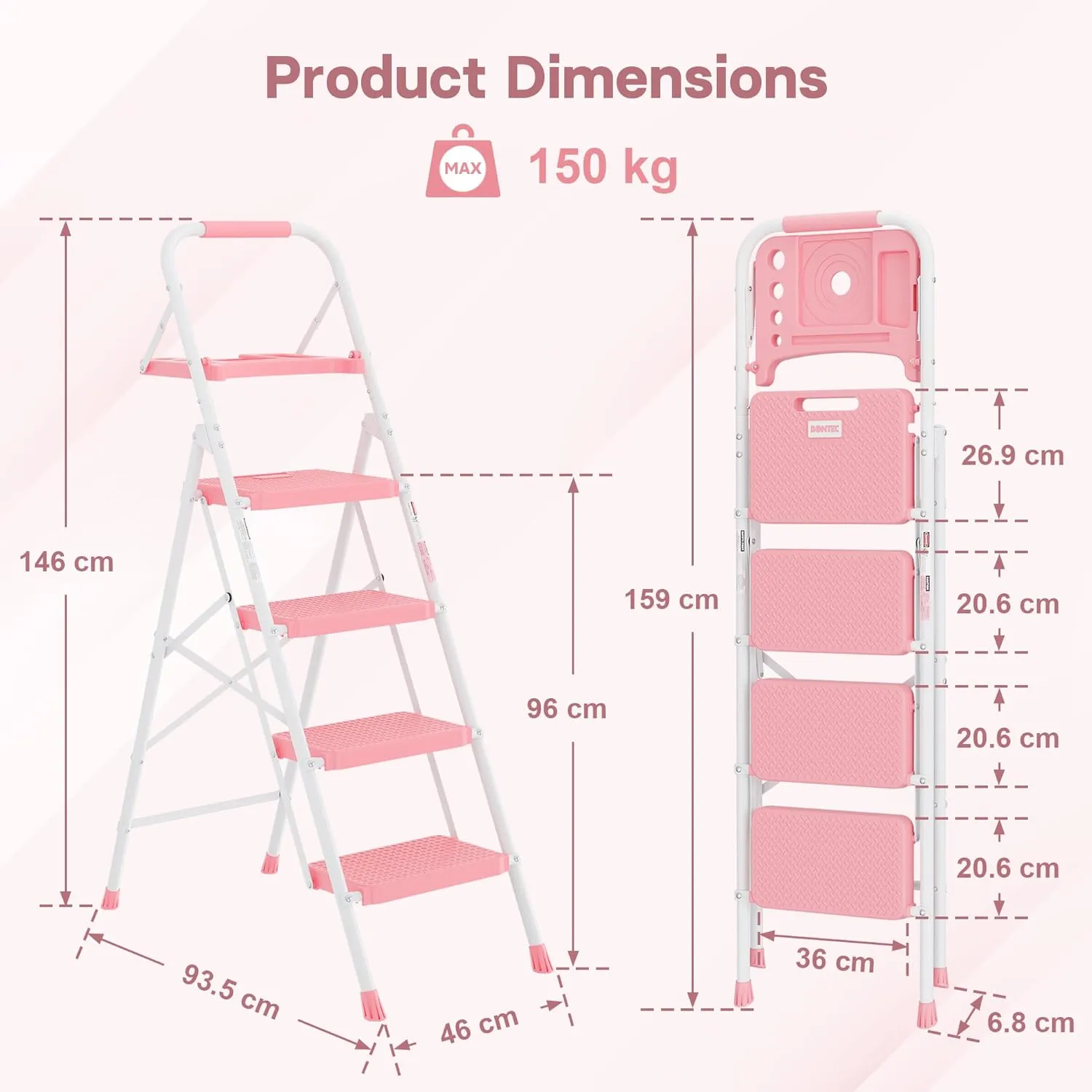 BONTEC 4-Step Ladder, 400lbs Max Load, Folding Step Stool with Tool Tray, Anti-Slip Pedals, Sturdy Steel, Lightweight Portable Ladder with Handrail for Home & Work Use, Pink