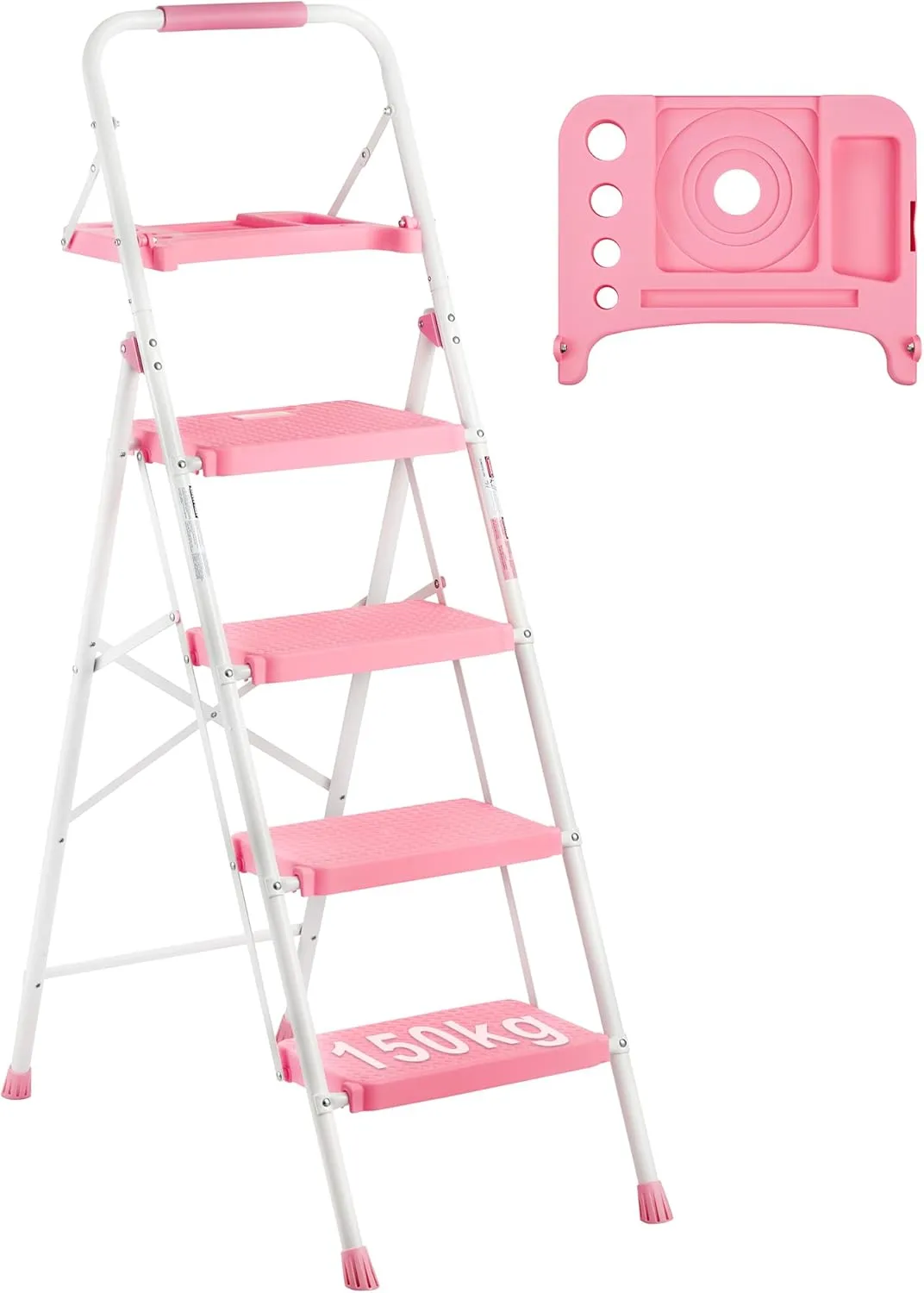BONTEC 4-Step Ladder, 400lbs Max Load, Folding Step Stool with Tool Tray, Anti-Slip Pedals, Sturdy Steel, Lightweight Portable Ladder with Handrail for Home & Work Use, Pink