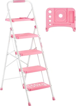 BONTEC 4-Step Ladder, 400lbs Max Load, Folding Step Stool with Tool Tray, Anti-Slip Pedals, Sturdy Steel, Lightweight Portable Ladder with Handrail for Home & Work Use, Pink