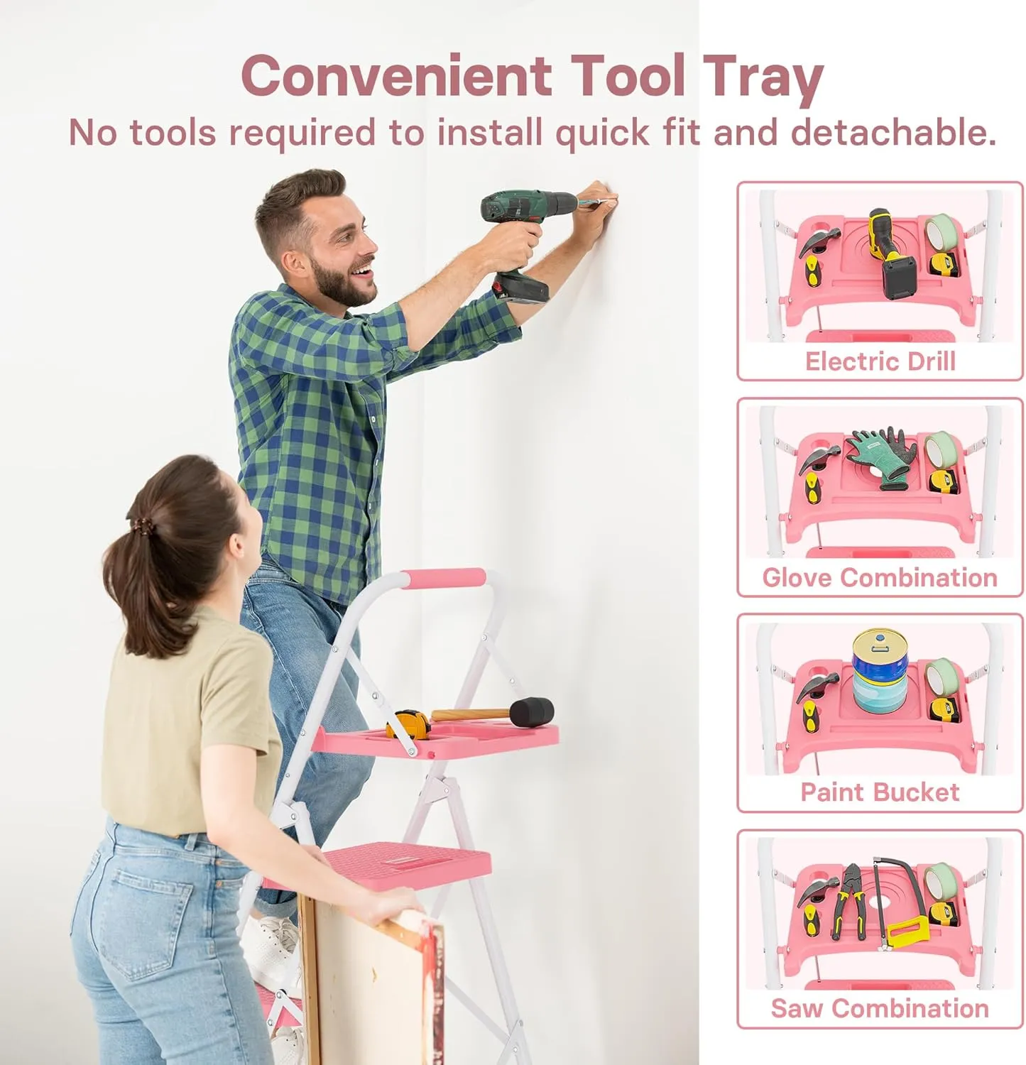 BONTEC 4-Step Ladder, 400lbs Max Load, Folding Step Stool with Tool Tray, Anti-Slip Pedals, Sturdy Steel, Lightweight Portable Ladder with Handrail for Home & Work Use, Pink