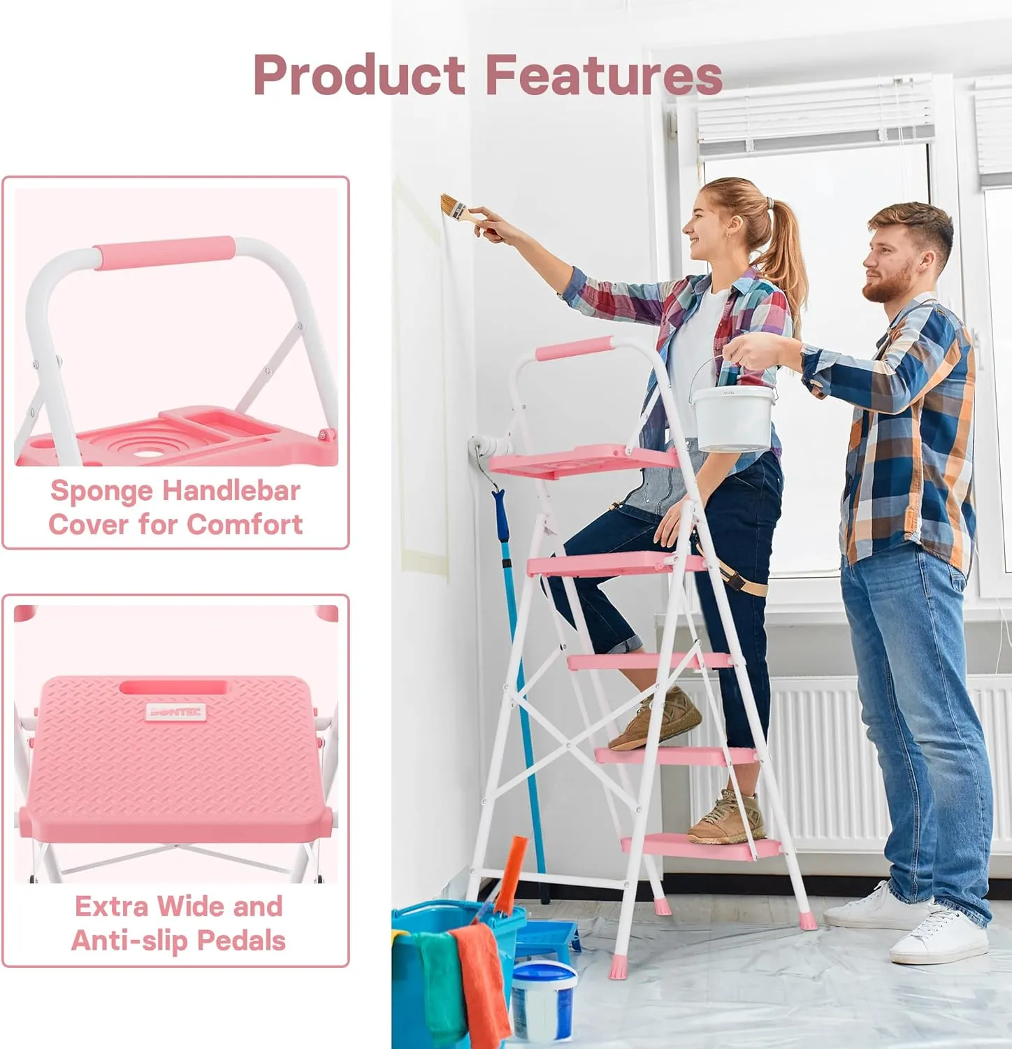 BONTEC 4-Step Ladder, 400lbs Max Load, Folding Step Stool with Tool Tray, Anti-Slip Pedals, Sturdy Steel, Lightweight Portable Ladder with Handrail for Home & Work Use, Pink