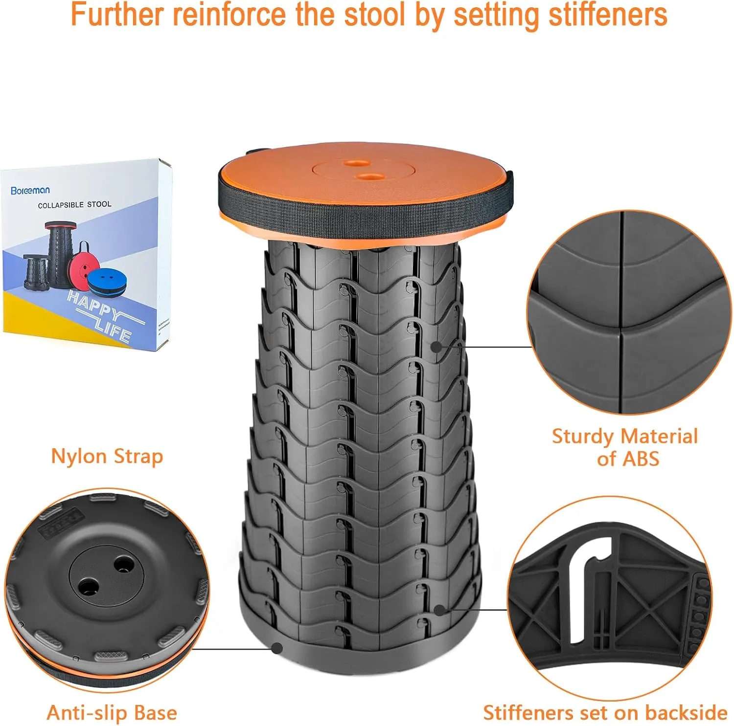 Boreeman Upgraded Folding Stool Lightweight Yet More Sturdy with Load Capacity 400lbs Portable Collapsible Stool for Camping Fishing Hiking BBQ (Orange)