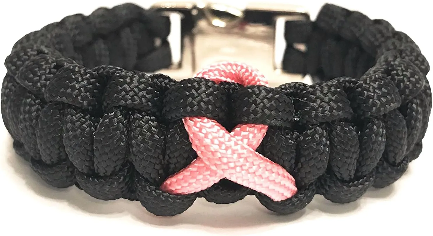 Breast Cancer Awareness Pink Ribbon Fitted Black Survival Jewelry Bracelet