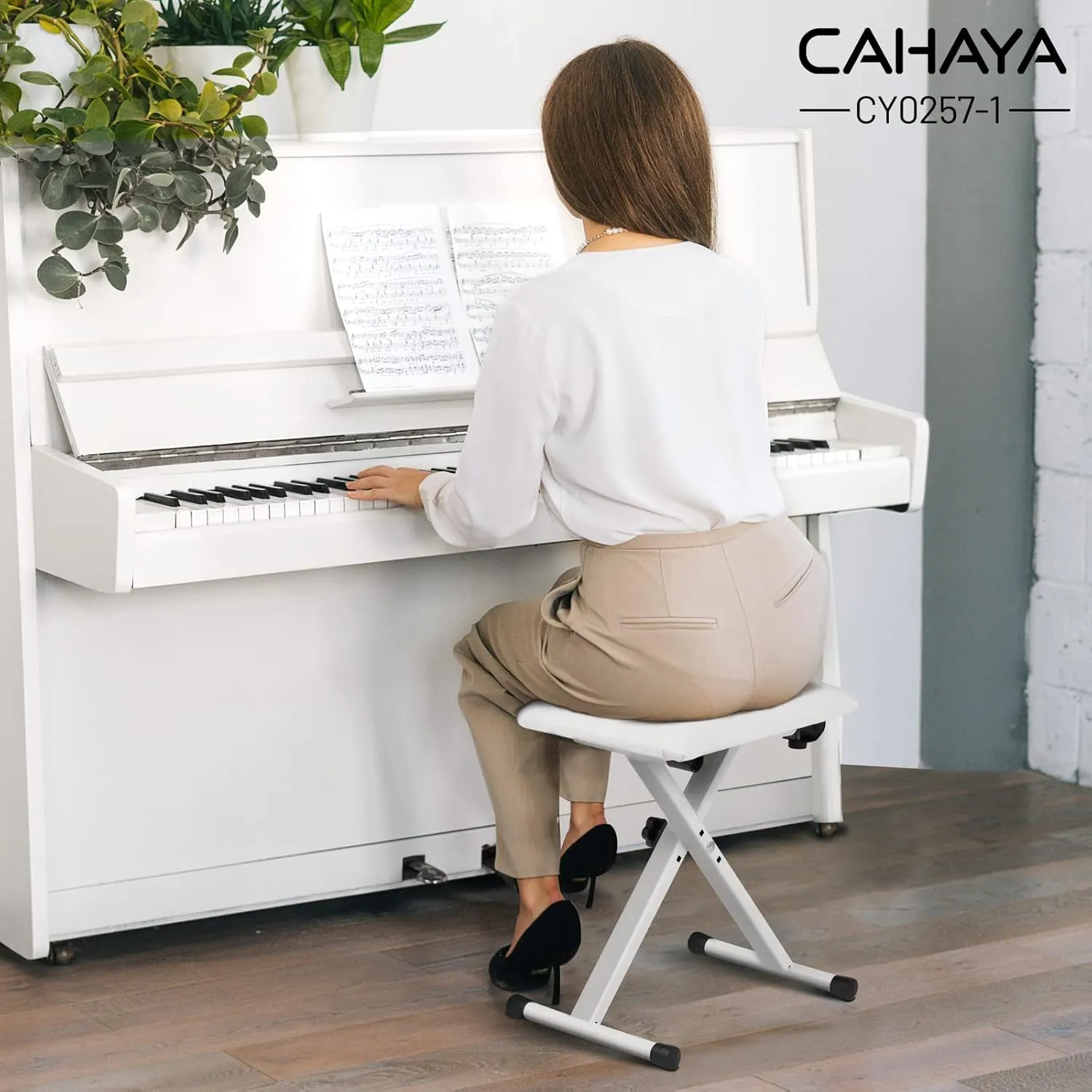 CAHAYA Piano Bench X-Style Adjustable Height Keyboard Bench Padded Keyboard Stool Chair Seat for Electronic Digital Keyboards Pianos White CY0257-1