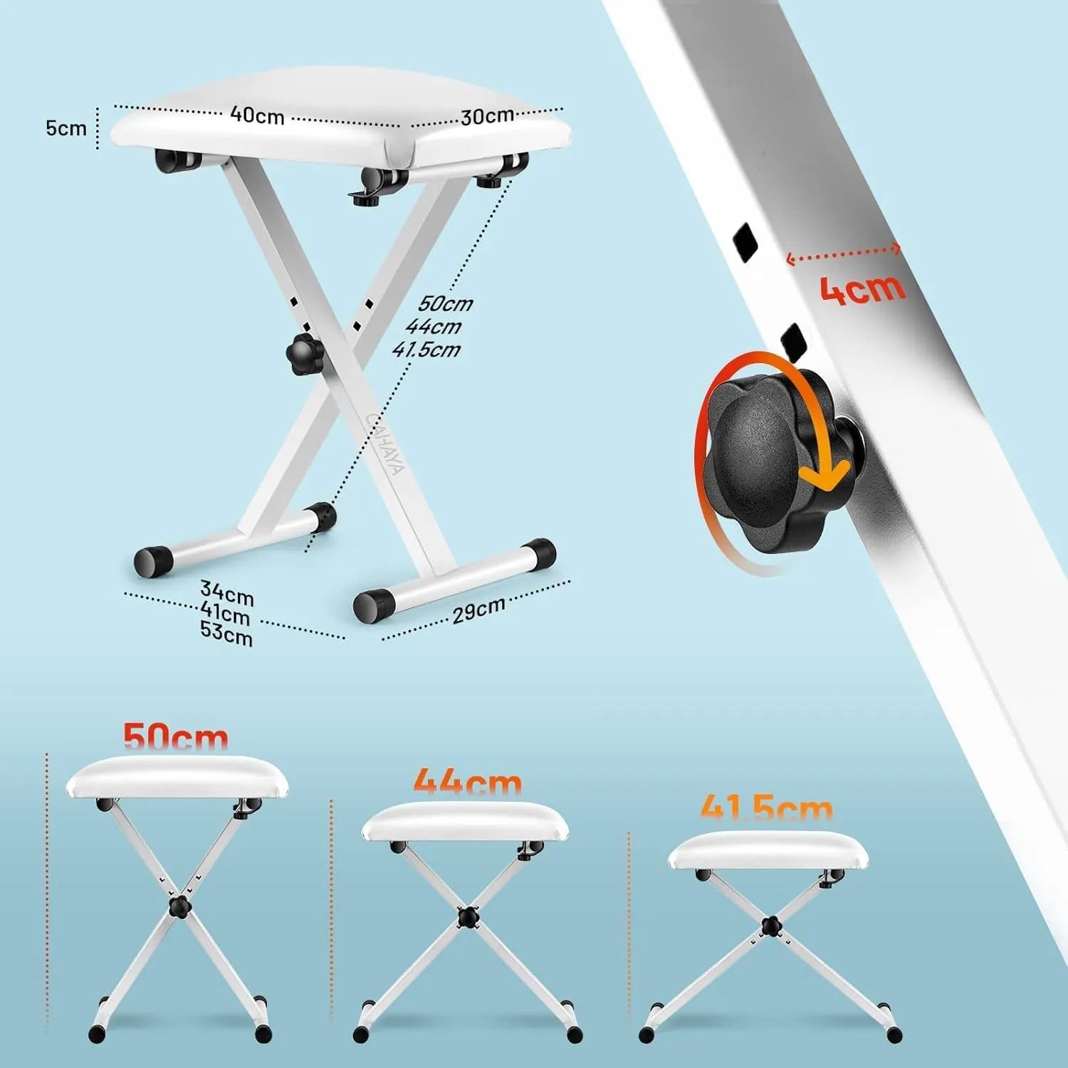CAHAYA Piano Bench X-Style Adjustable Height Keyboard Bench Padded Keyboard Stool Chair Seat for Electronic Digital Keyboards Pianos White CY0257-1