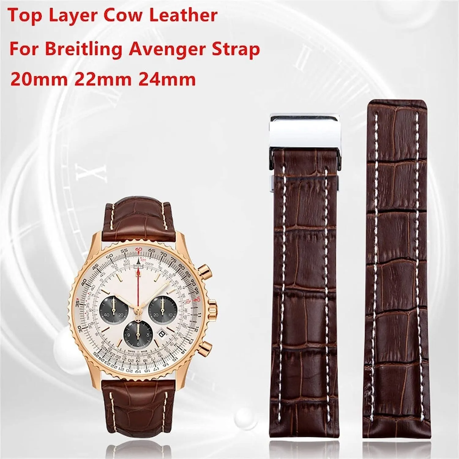 Calfskin Leather Watch Strap with folding buckle For Breitling Avenger/navitimer Premier Bracelet WatchBand 20mm 22mm 24m