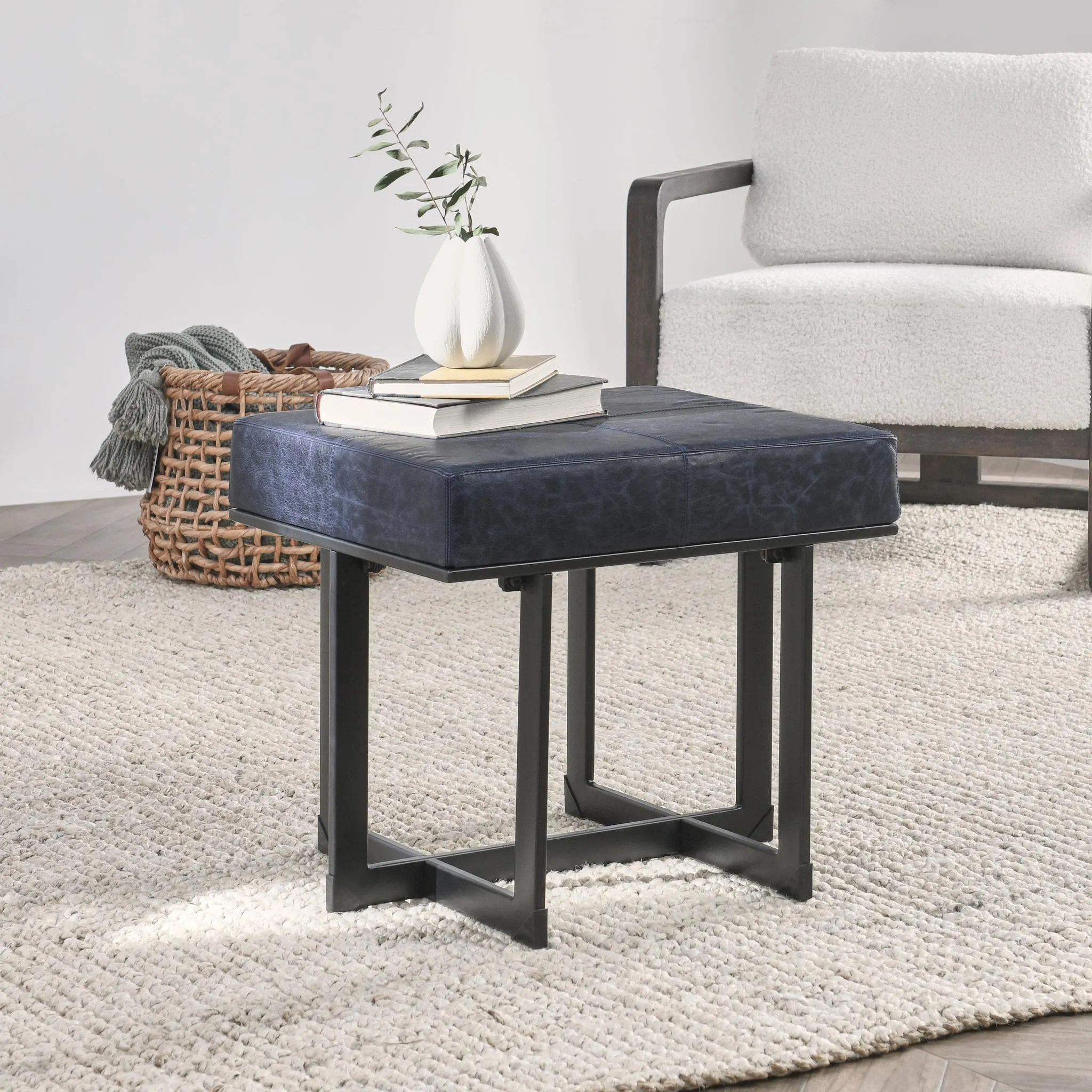 Calvin Leather Rectangle Stool - Nightfall Blue
