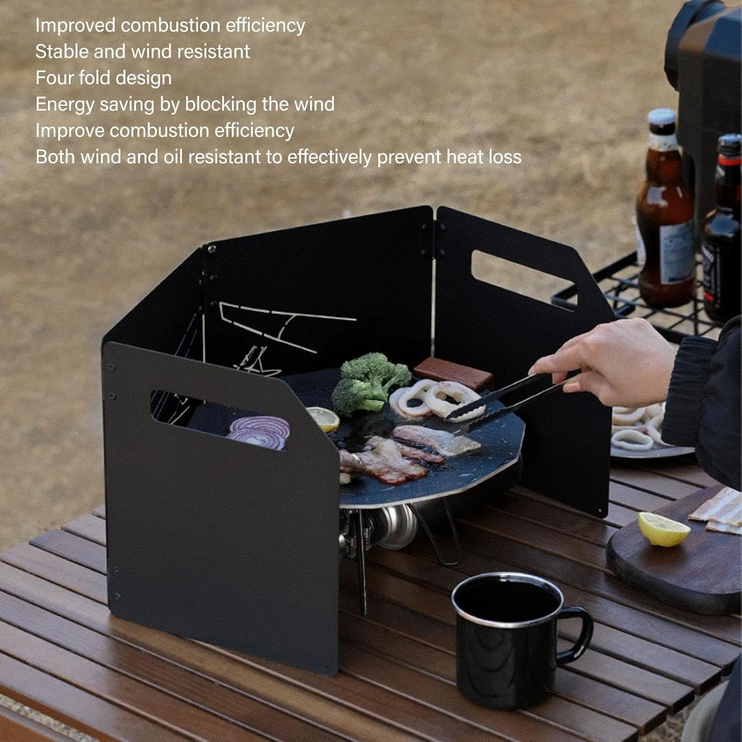 Camp Stove Windscreen, 4 Plates Folding Stove Windscreen with Storage Bag, Thicken Oilproof Carbon Steel Camping Stove Windshield,Folding Wind Shield Cooker Wind Shield for Outdoors BBQ(Black)
