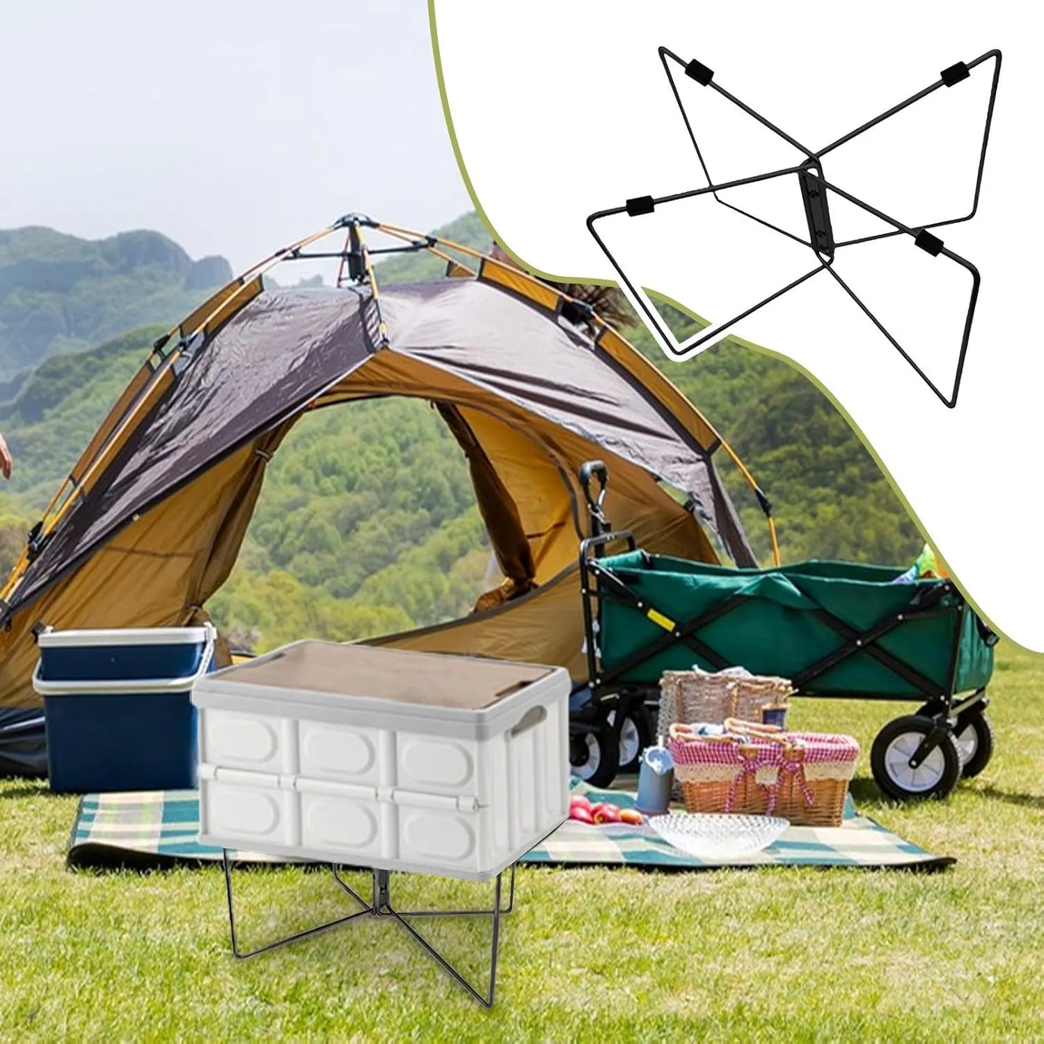 Camping Cooler Stand - Folding Stand, Stainless Steel Folding Bracket | Anti Moisture Folding Frame Ice Box Holder, Outdoor Camping Bucket Stand Frame with Nonslip Mat and Carry Bag for BBQ Cooking