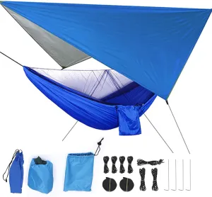 Camping Hammock with Mosquito Net,2 in 1 Hammock Tent with 7.5 * 6.8 ft Tarp,440lbs Heavy Duty Portable Tree Hammock Outdoor,210T Nylon Hammocks,Built-in Pocket Camping Gear (Blue)