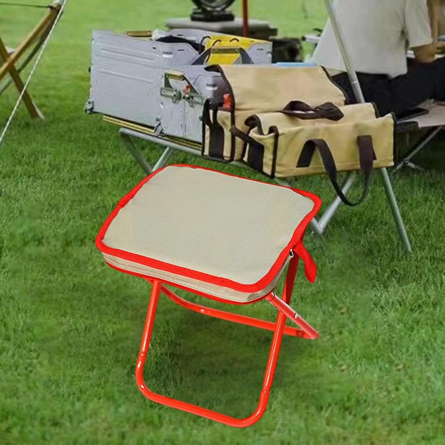 Camping Stool Folding Chair Compact Zipper Handbag Folding Stool Outdoor Footstool for Concert Barbecue Patio Fishing Garden, Khaki Red