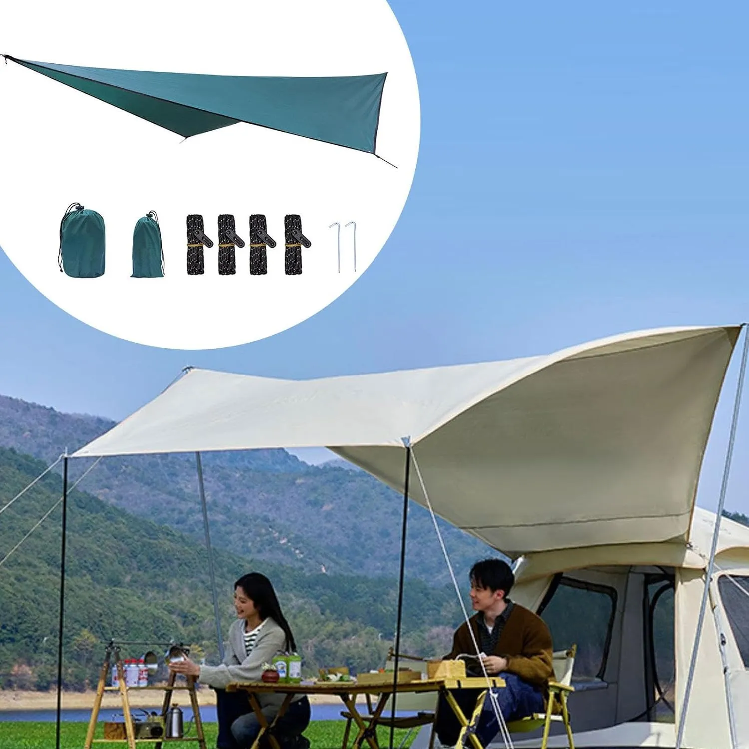 Camping Tarp Camping Canopy Tent Tarp Rain Awning for Outdoor Hiking Yard Fishing, Dark Green