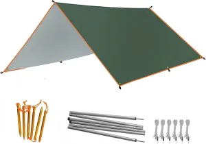 Camping Tarp Camping Tent Tarp 9.8X9.8FT/13X9.8FT Hammock Rain Fly Tarp with Support Pole Rope Peg Multifunctional Emergency Shelter Tarp（Green??Canopy Tent Tarp Shelter (Size : 3x3m Iron Pole) (Silv