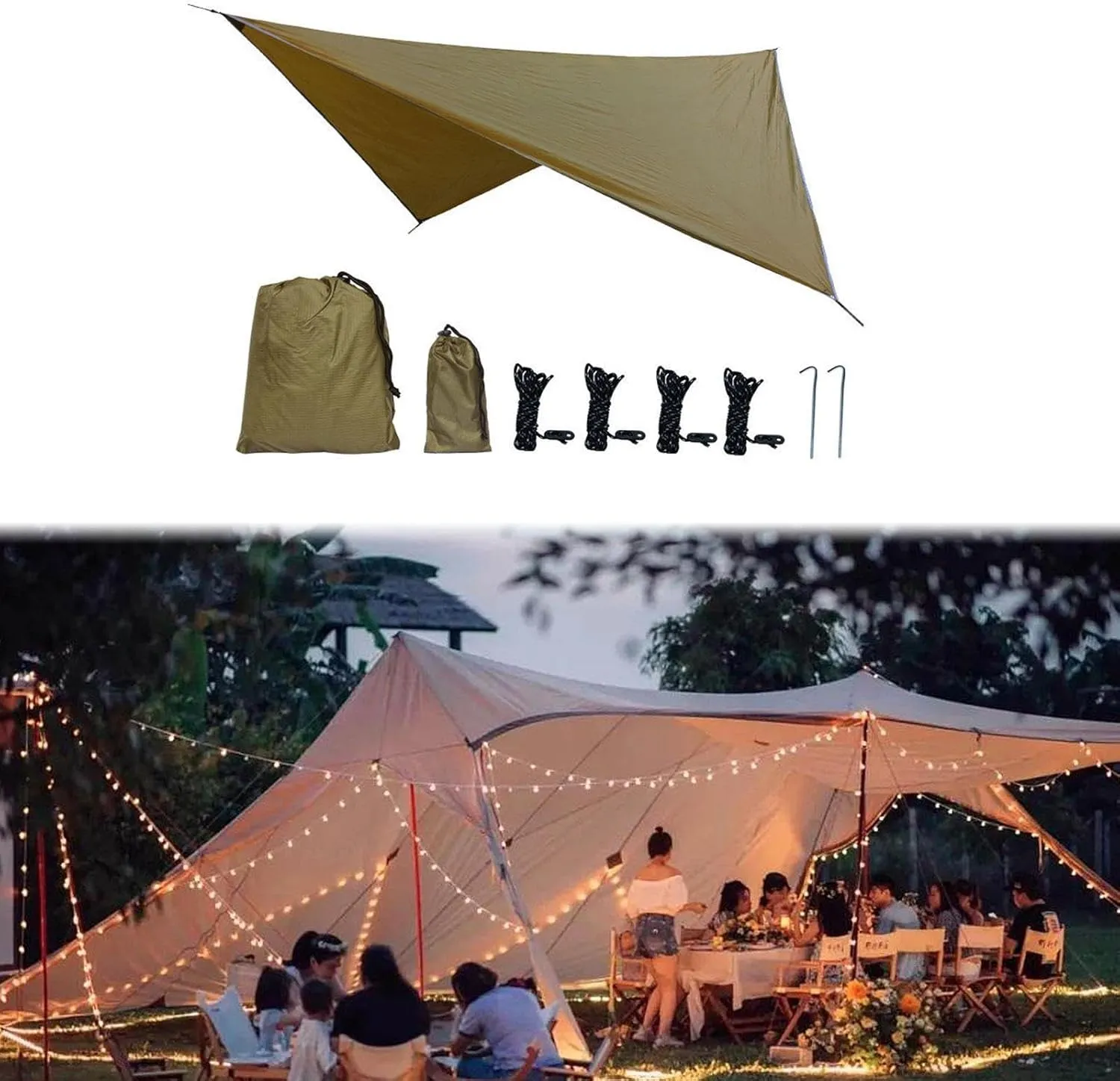 Camping Tarp Rain Awning Accessories Portable Camping Tent Tarp Canopy for Hiking Outdoor Activities Traveling Garden, Khaki