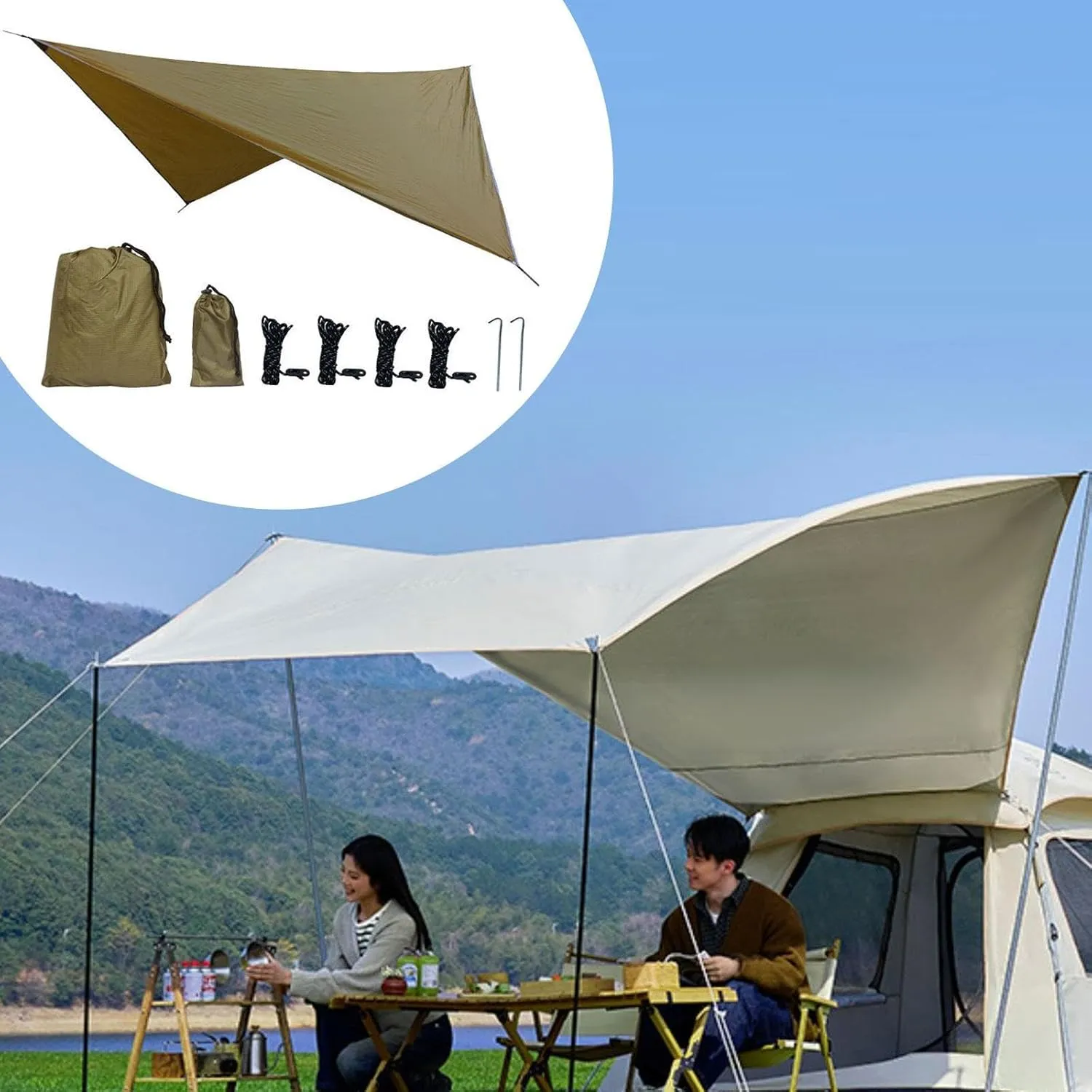 Camping Tarp Rain Awning Accessories Portable Camping Tent Tarp Canopy for Hiking Outdoor Activities Traveling Garden, Khaki