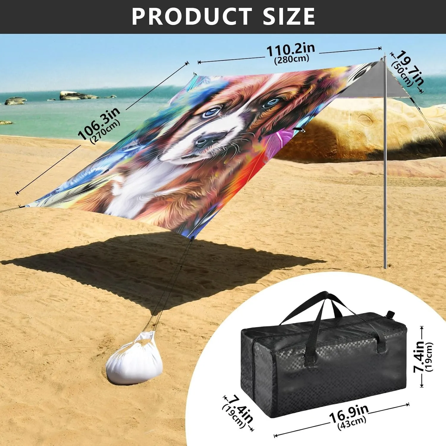 Canopy Beach Tent Colorful Cute Puppy Pet Outdoor Sun Shade Patio 9.2 × 10.5 FT Large Camping Sun Shelter Windproof with Sand Bags Poles