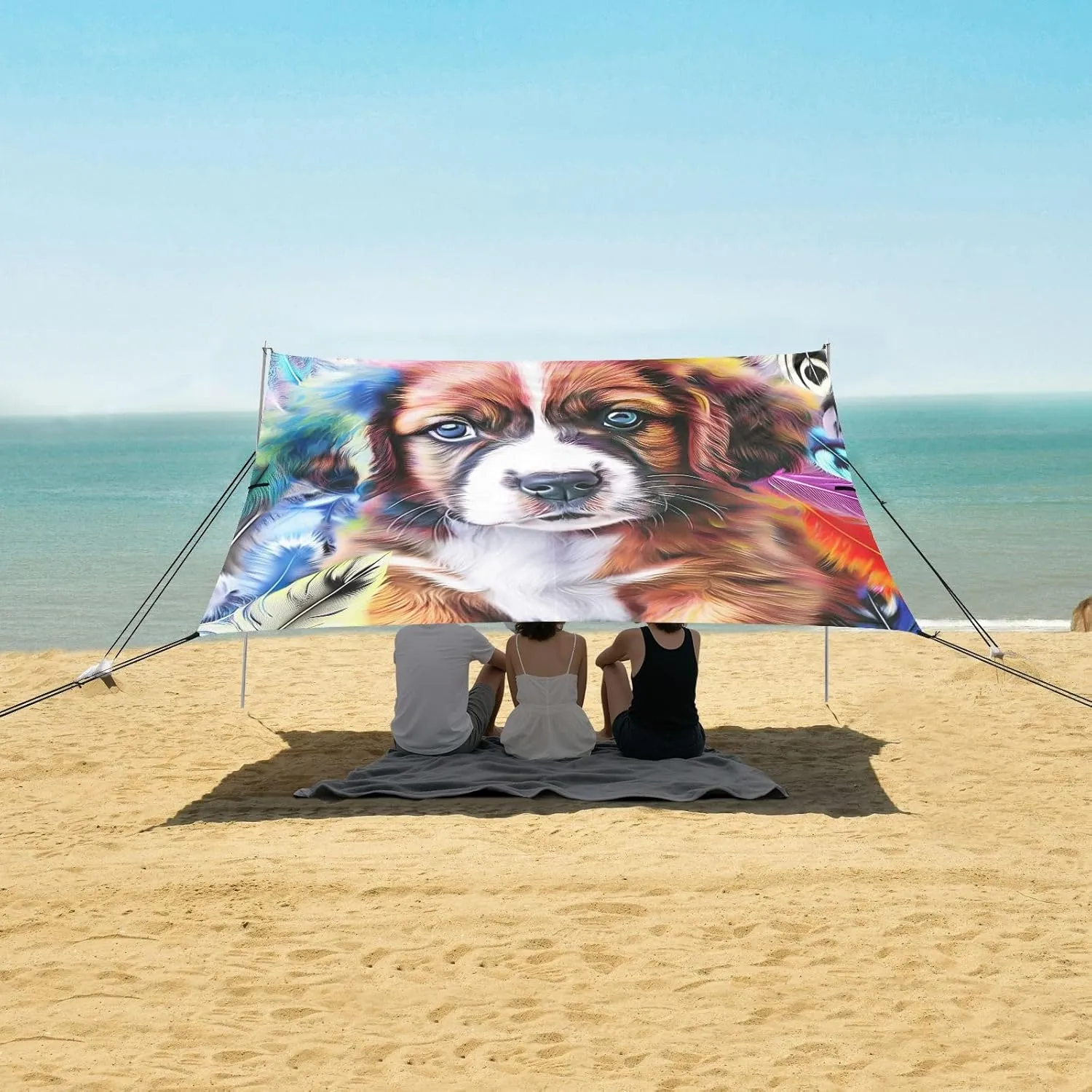 Canopy Beach Tent Colorful Cute Puppy Pet Outdoor Sun Shade Patio 9.2 × 10.5 FT Large Camping Sun Shelter Windproof with Sand Bags Poles