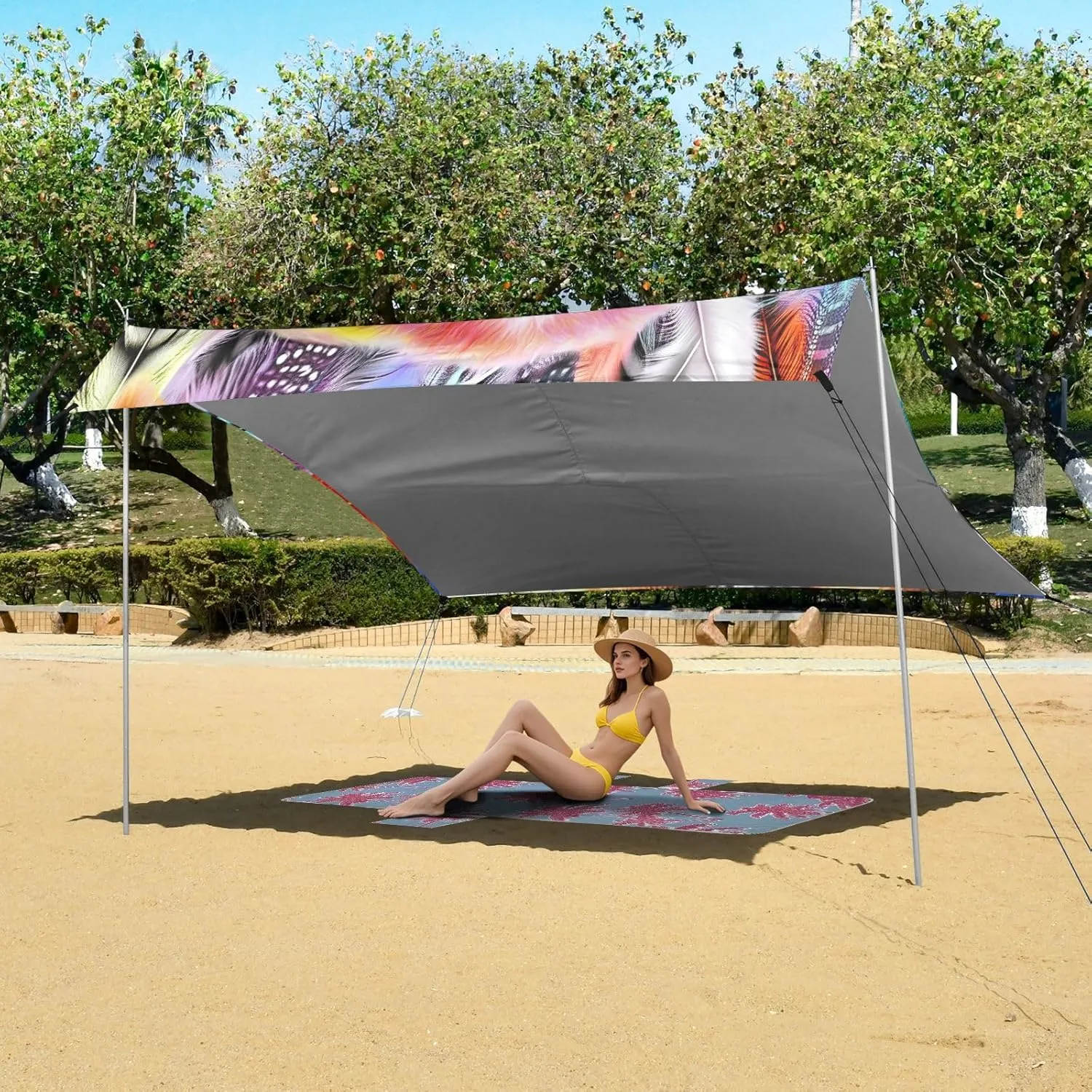 Canopy Beach Tent Colorful Cute Puppy Pet Outdoor Sun Shade Patio 9.2 × 10.5 FT Large Camping Sun Shelter Windproof with Sand Bags Poles