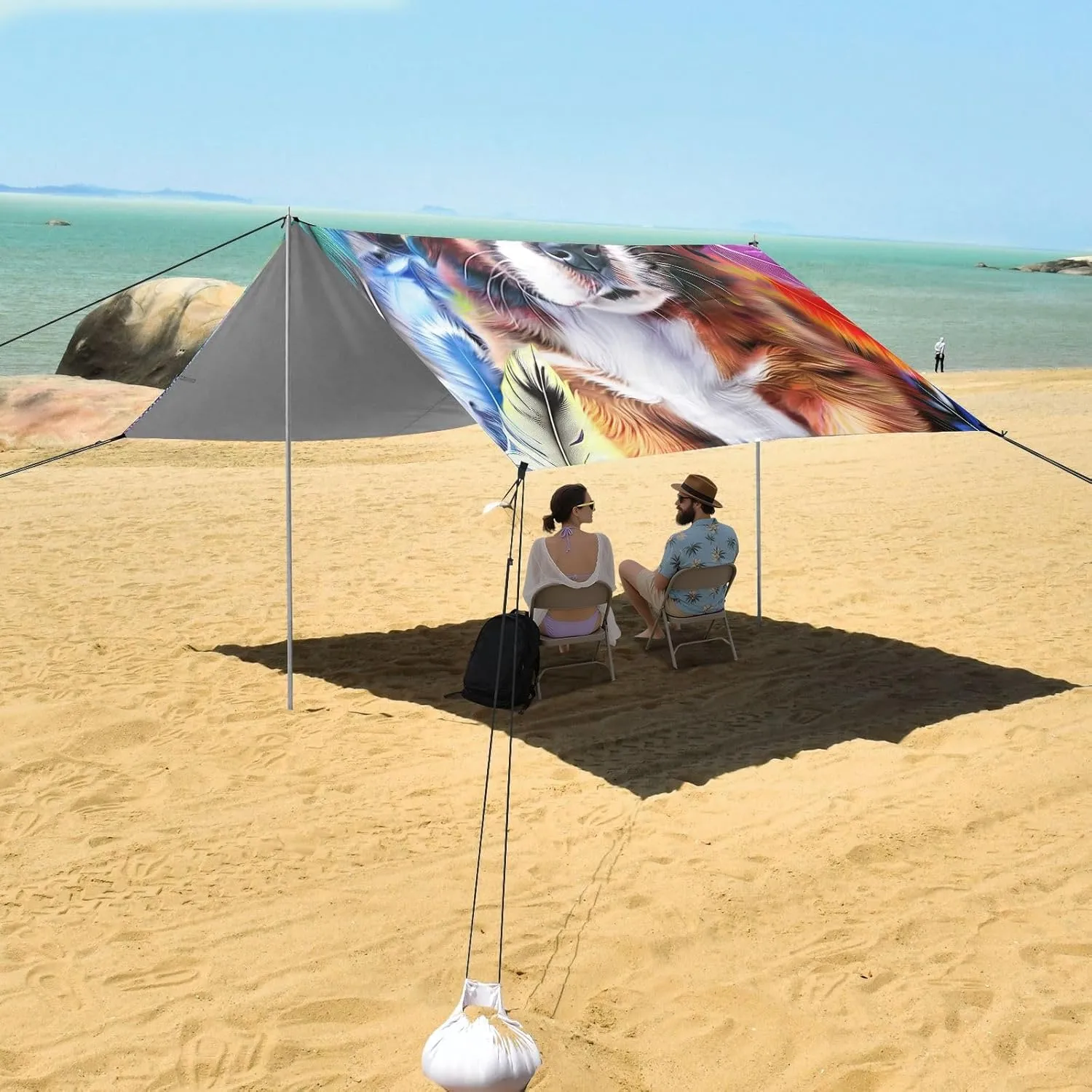 Canopy Beach Tent Colorful Cute Puppy Pet Outdoor Sun Shade Patio 9.2 × 10.5 FT Large Camping Sun Shelter Windproof with Sand Bags Poles