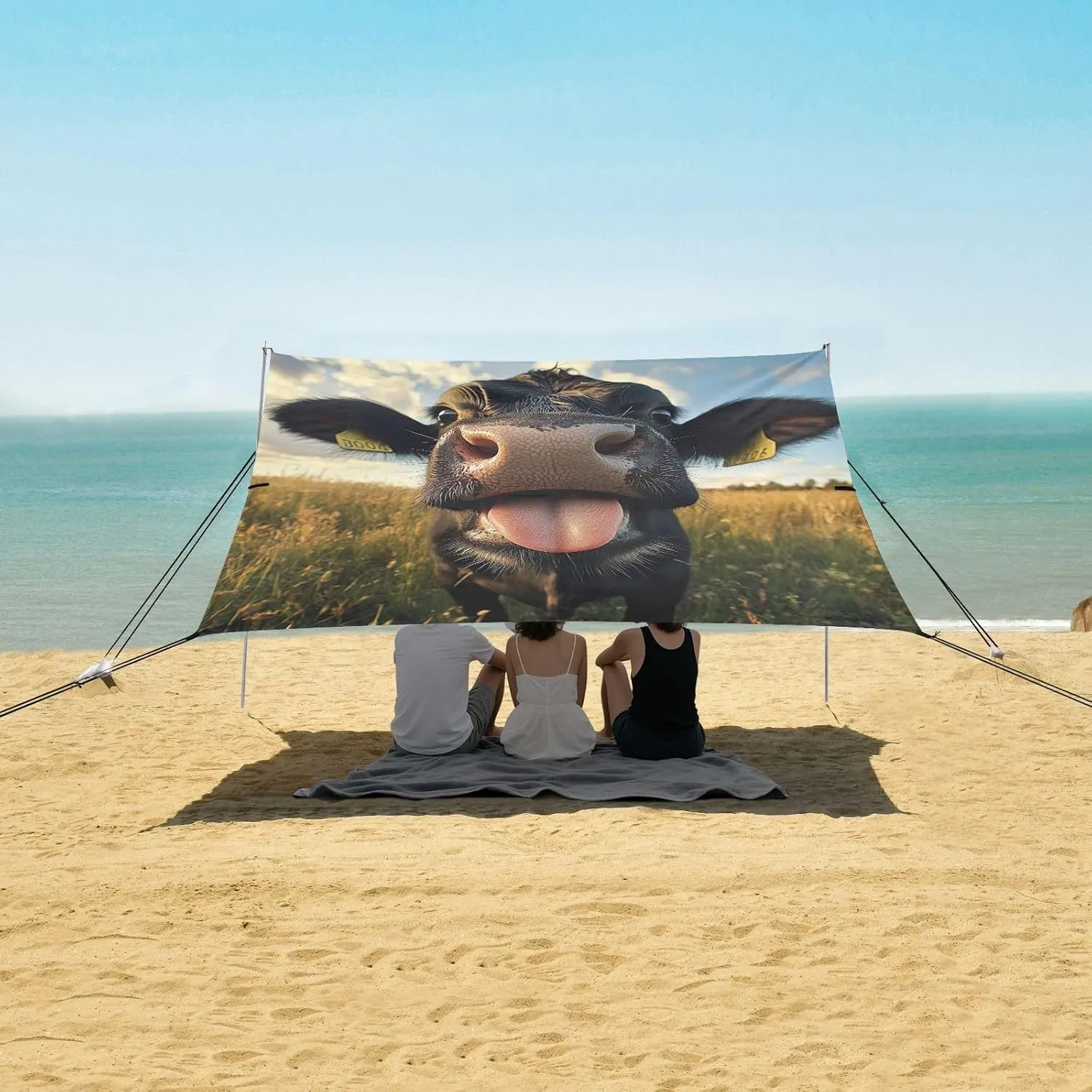 Canopy Tent Beach Happy Cute Cow Outdoor Patio Sun Shade 9.2 × 10.5 FT Funny Sand Camping Sun Shelter Waterproof with Sandbags Anchor