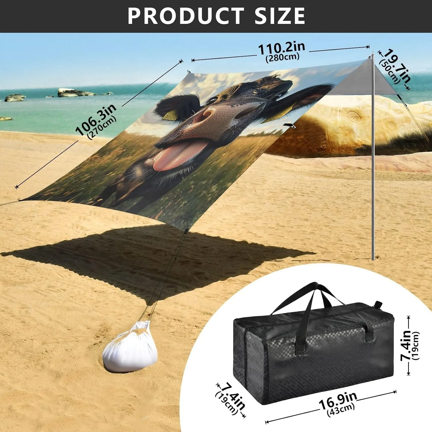 Canopy Tent Beach Happy Cute Cow Outdoor Patio Sun Shade 9.2 × 10.5 FT Funny Sand Camping Sun Shelter Waterproof with Sandbags Anchor