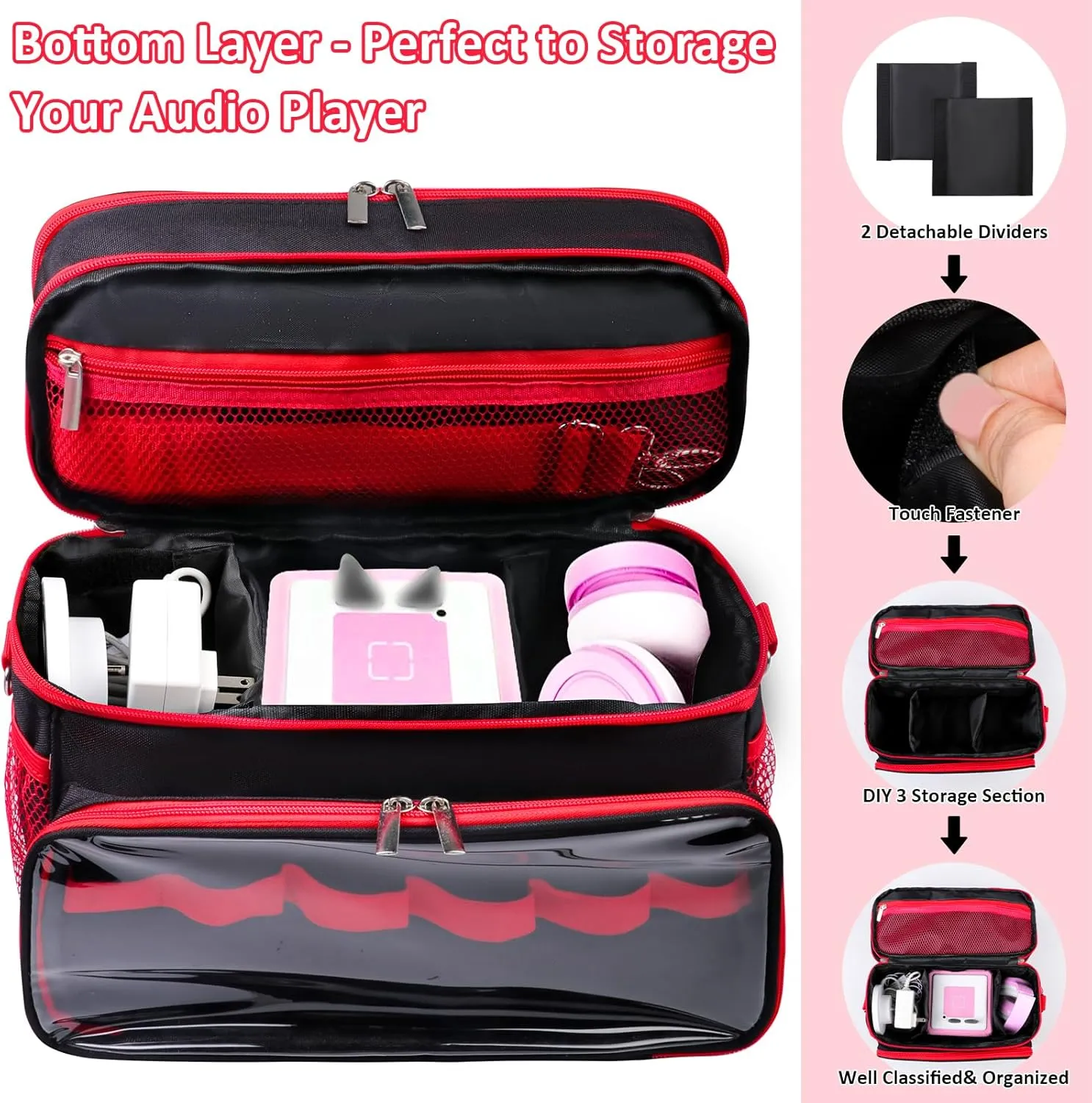 Carrying Case Compatible with Toniebox Starter Set, Double Layer Storage Bag for Tonies Figures Characters, Portable Travel Organizer Case with Shoulder Strap for Tonies Box Headphones (Black)