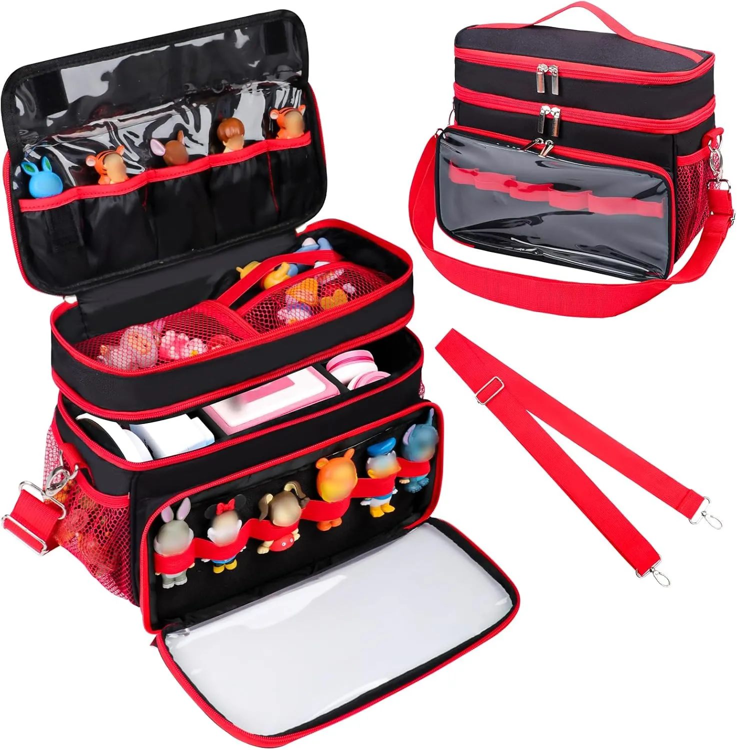 Carrying Case Compatible with Toniebox Starter Set, Double Layer Storage Bag for Tonies Figures Characters, Portable Travel Organizer Case with Shoulder Strap for Tonies Box Headphones (Black)