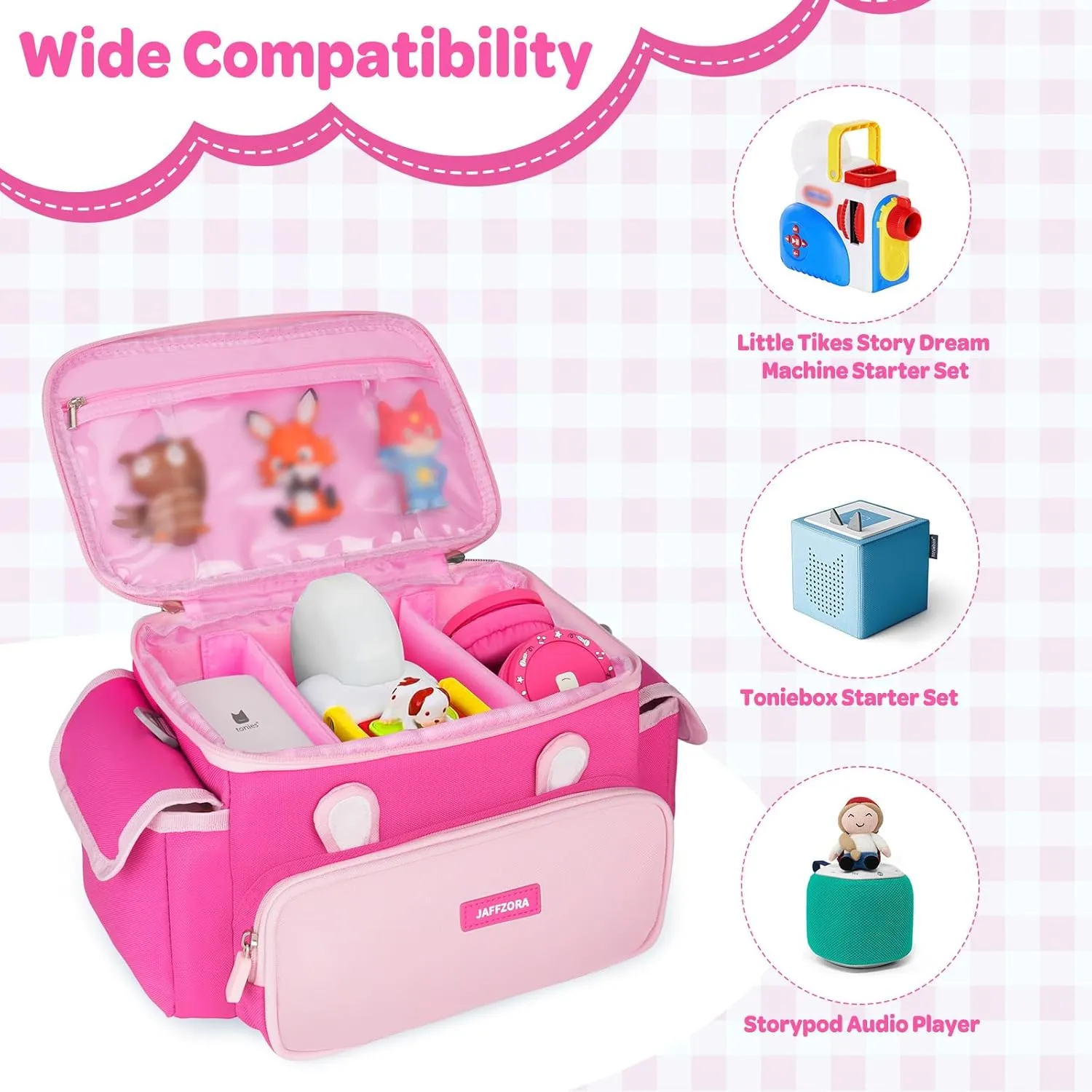 Carrying Case Fits for Toniebox & Little Tikes Story Dream Machine Starter Set, Cute Storage Bag Compatible with Toniebox Audio Player, Tonies Characters and Accessories, Rose Red(Bag Only)