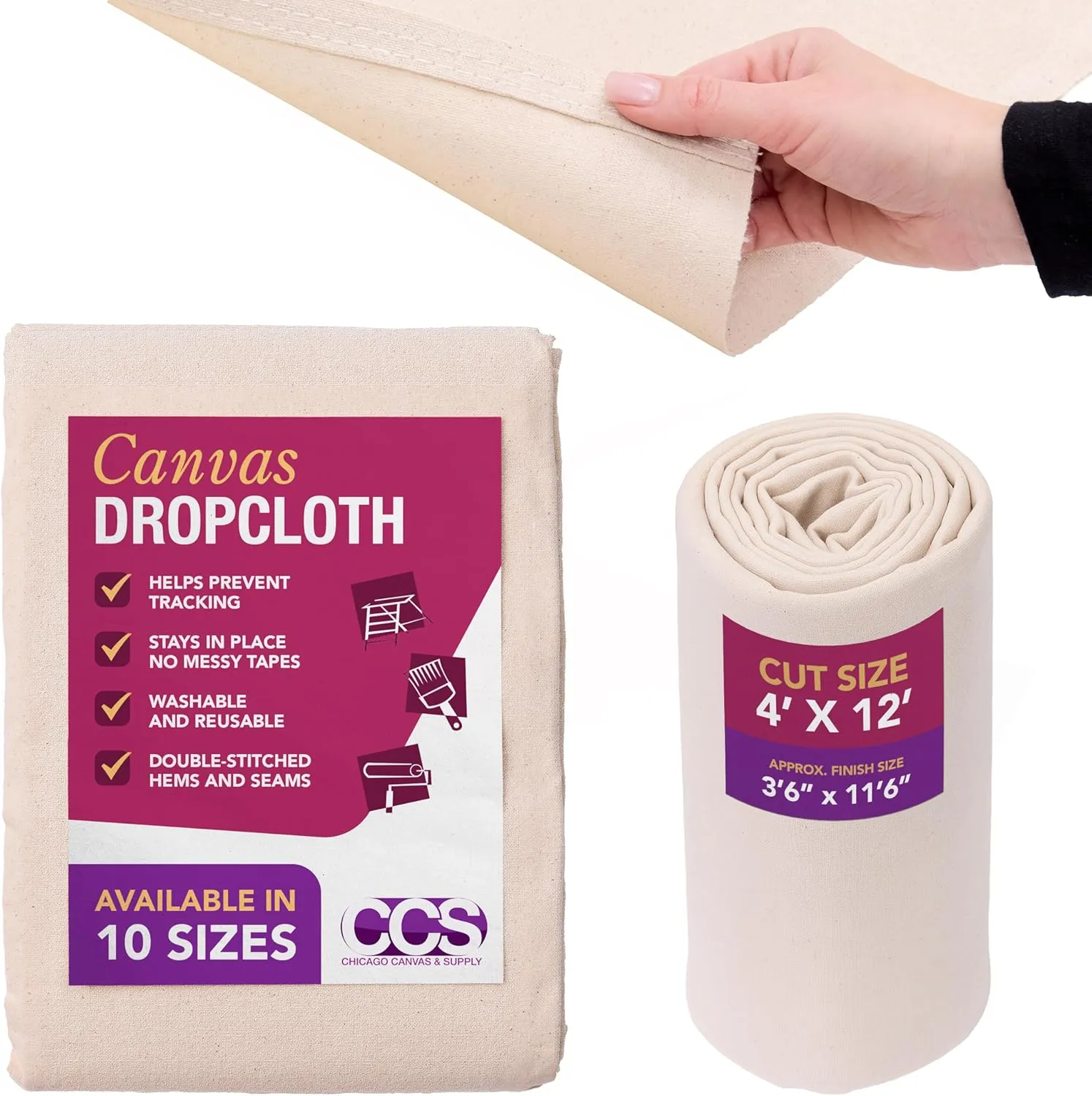 CCS Canvas Drop Cloth for Painting – All Purpose Cotton Duck Cloth Tarp for Curtains, Tablecloths, Backdrops – Washable & Reusable Floor Cover & Dust Sheet for Furniture (4x12 Ft)
