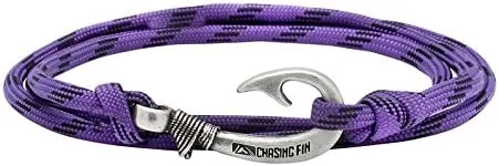 Chasing Fin Adjustable Bracelet 550 Military Paracord with Fish Hook Pendant (Purple Camo)