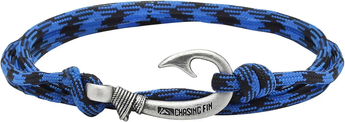 Chasing Fin Fish Hook Pendant Bracelet - Cool 30-Inch Military-Grade 550 Paracord Bracelet & Anklet - Adjustable Size, 100% Nylon Nautical & Fishing Accessory - J-Hook Pendant, Pewter (Bruiser)