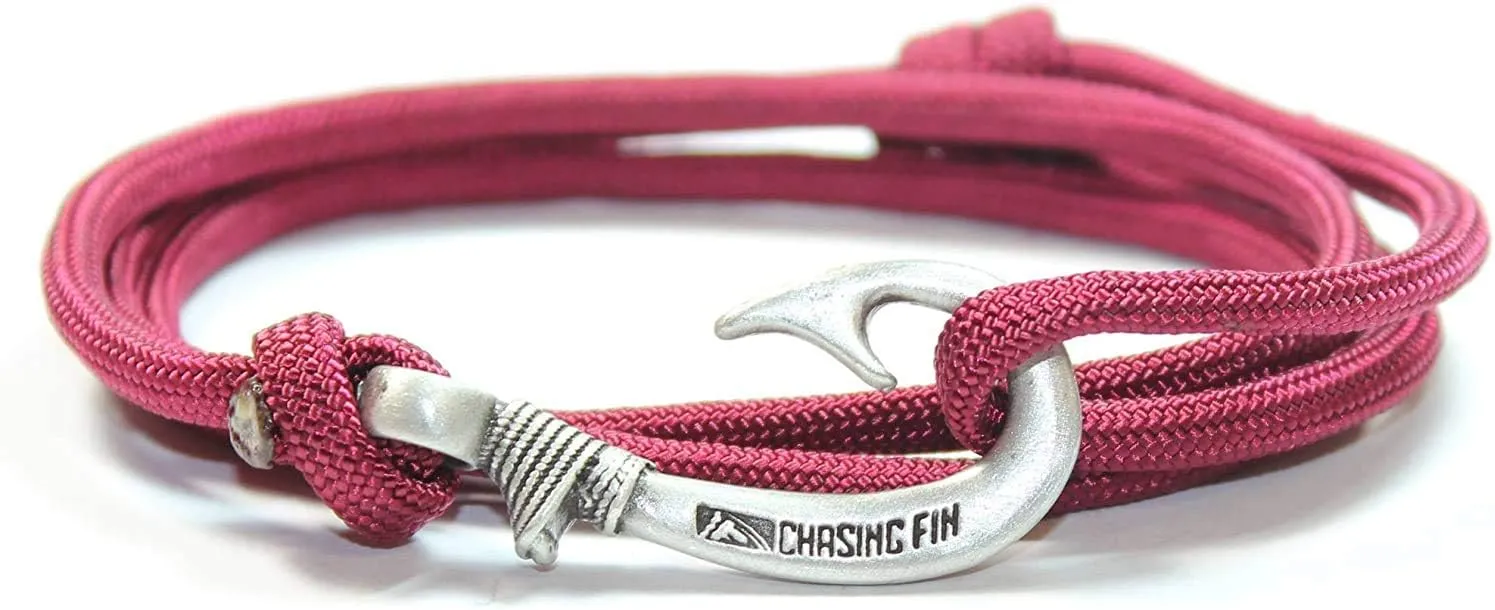 Chasing Fin Fish Hook Pendant Bracelet - Cool 30-Inch Military-Grade 550 Paracord Bracelet & Anklet - Adjustable Size, 100% Nylon Nautical & Fishing Accessory - J-Hook Pendant, Pewter - Burgundy