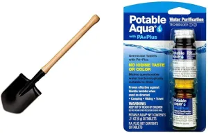 Cold Steel Spetsnaz Tactical Camp Shovel Tool for Camping, Survival and Outdoors with 2 Bottles Potable Aqua Water Purification Tablets for Emergency Water Treatment, Hiking, Travel