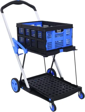Collapsible Utility Cart Multi Use Functional Collapsible Shopping Carts 2-Tier Collapsible Shopping Cart with Baskets (Blue)