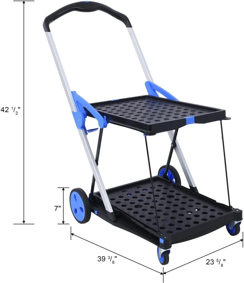 Collapsible Utility Cart Multi Use Functional Collapsible Shopping Carts 2-Tier Collapsible Shopping Cart with Baskets (Blue)