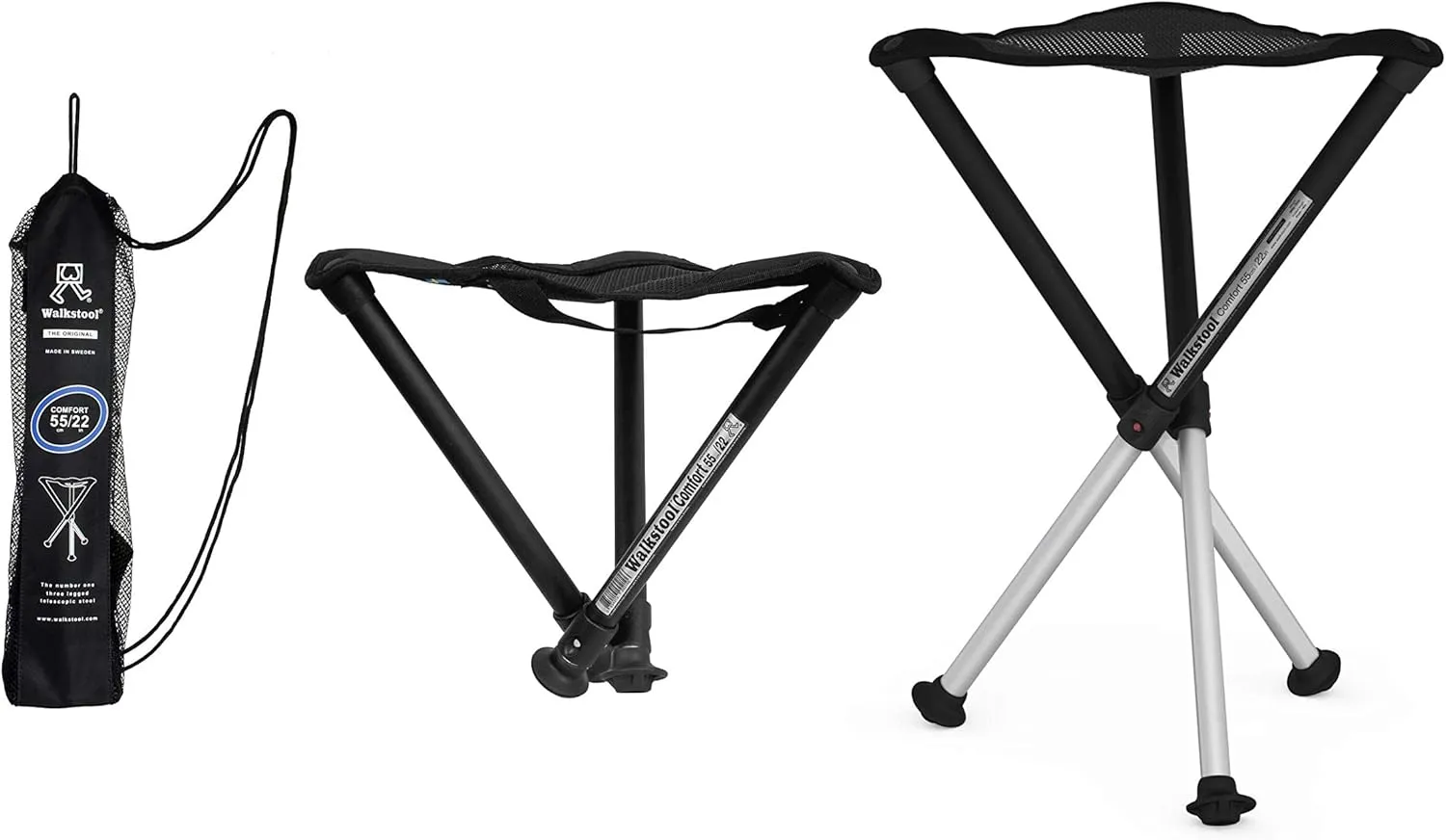Comfort Model - Black and Silver - 3 Legged Folding Stool in Aluminium - Height 18" to 30" - Maximum Load 440 to 550 Lbs - Made in Sweden