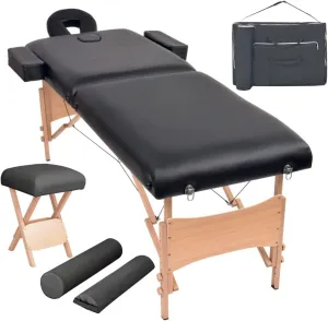 Comfortable 2-Zone Folding Massage Table and Stool Set, Adjustable Height, 3.9" Thick Cushions, Black