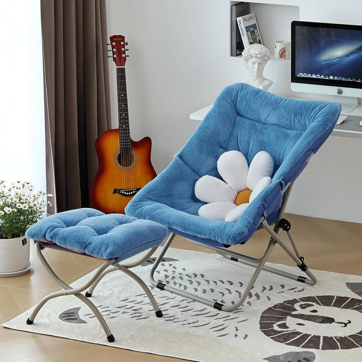 Comfy Folded Chair with Ottoman, Oversized Folding Faux Fur Chair Soft Furry Lounge Lazy Chair with Metal Frame Moon Chair Accent Chair for Bedroom, Living Room, Dorm Rooms