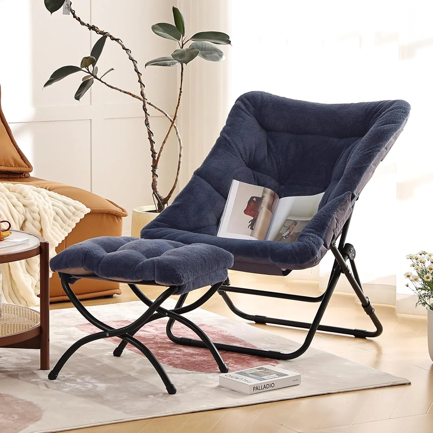 Comfy Folded Chair with Ottoman, Oversized Folding Faux Fur Chair Soft Furry Lounge Lazy Chair with Metal Frame Moon Chair Accent Chair for Bedroom, Living Room, Dorm Rooms