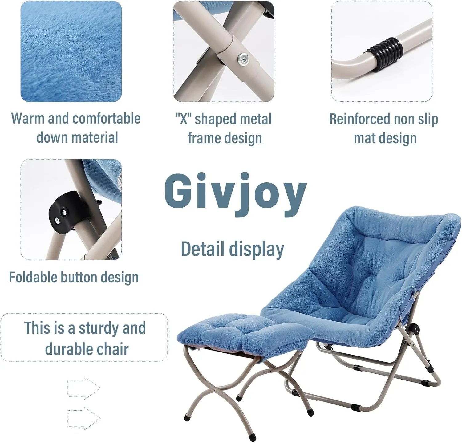 Comfy Folded Chair with Ottoman, Oversized Folding Faux Fur Chair Soft Furry Lounge Lazy Chair with Metal Frame Moon Chair Accent Chair for Bedroom, Living Room, Dorm Rooms