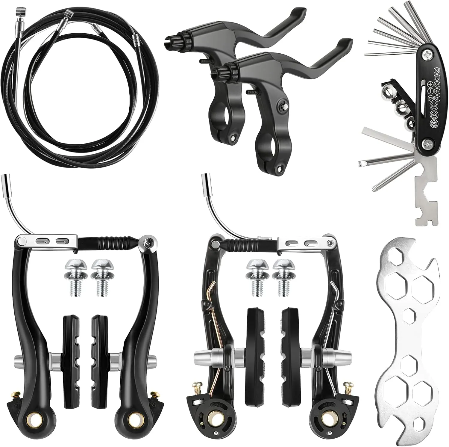 Complete Bike Brakes Set - Universal Front and Rear Brakes with Cables and Levers, Including Multi-Tool Wrenches (Black)
