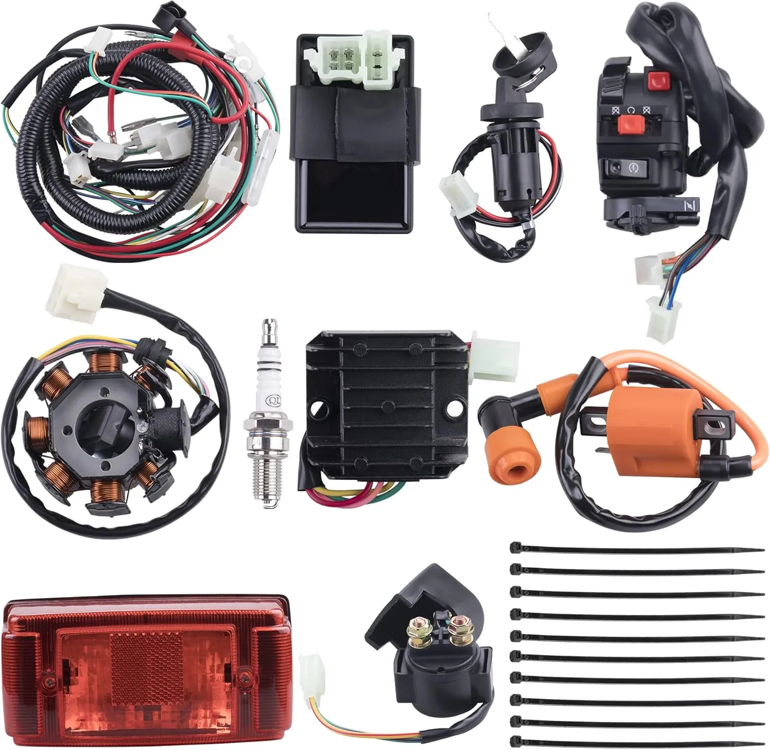 Complete Electrics Wiring Harness Stator Coil CDI Solenoid Relay Spark Plug Tail Light for 4 Wheelers Stroke ATV （150cc 200cc 250cc 300cc） Pit Dirt Bike Go Kart Zongshen Lifan by OTOHANS AUTOMOTIVE