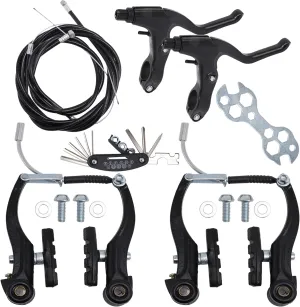 Complete V Bike Brake Set, Front and Rear Bike MTB Brake,Inner and Outer Callipers Cables Lever Kit with Calipers Levers Cables Multi-Tool Wrenches (Black)