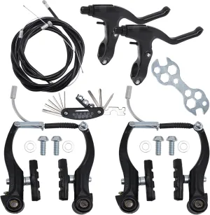 Complete V Bike Brake Set, Front and Rear Bike MTB Brake,Inner and Outer Callipers Cables Lever Kit with Calipers Levers Cables Multi-Tool Wrenches (Black)