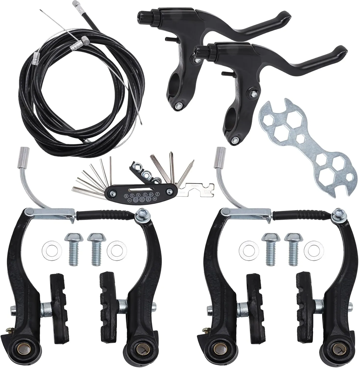 Complete V Bike Brake Set, Front and Rear Bike MTB Brake,Inner and Outer Callipers Cables Lever Kit with Calipers Levers Cables Multi-Tool Wrenches (Black)