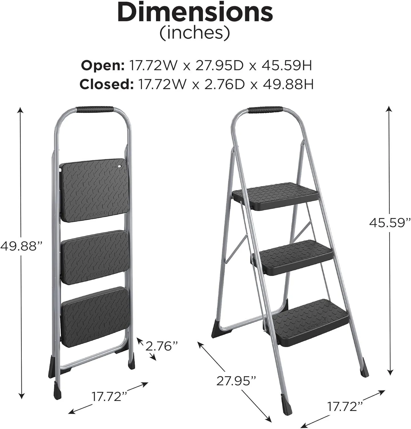 Cosco 11408PBL1E Three Step Big Step Folding Step Stool with Rubber Hand Grip, Grey