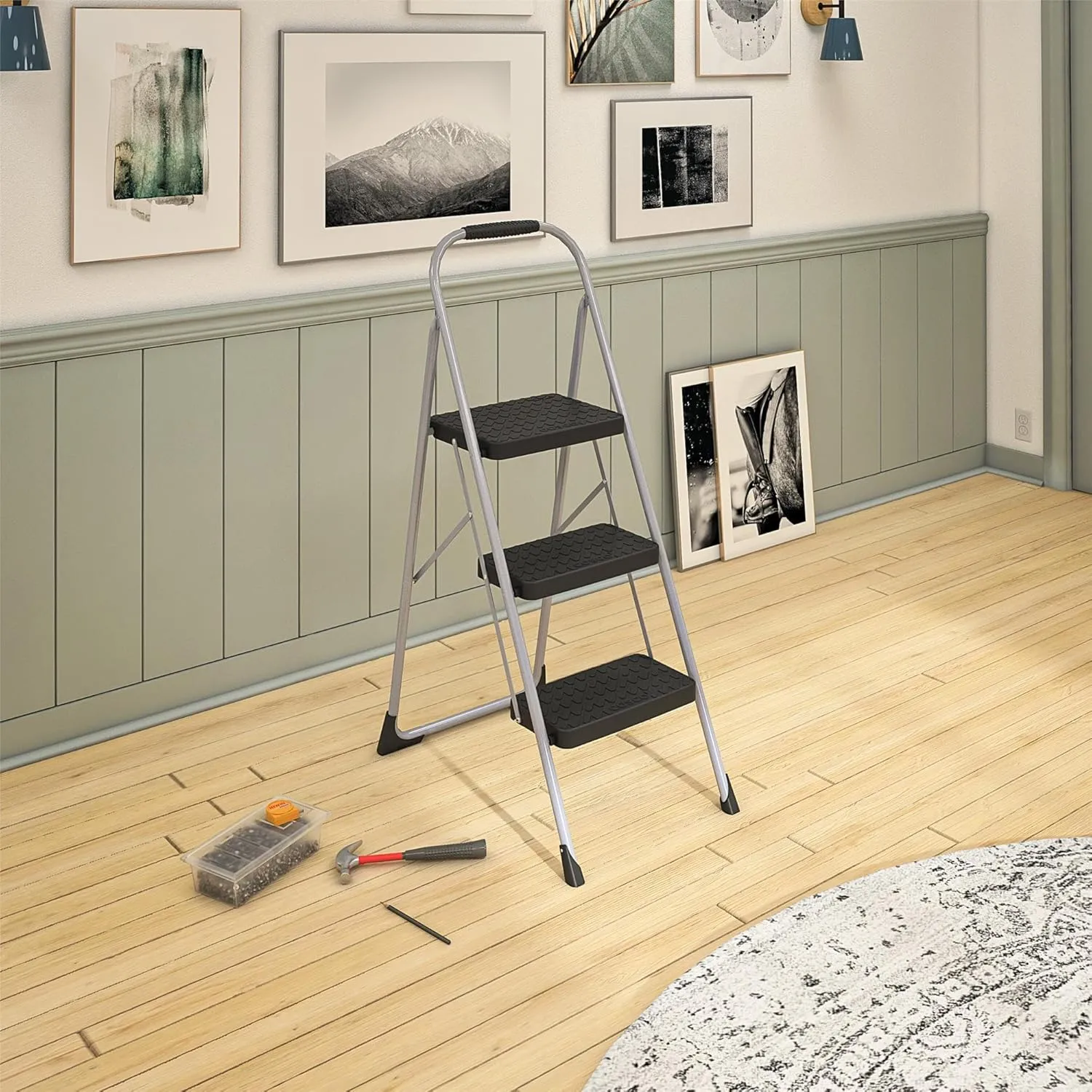 Cosco 11408PBL1E Three Step Big Step Folding Step Stool with Rubber Hand Grip, Grey